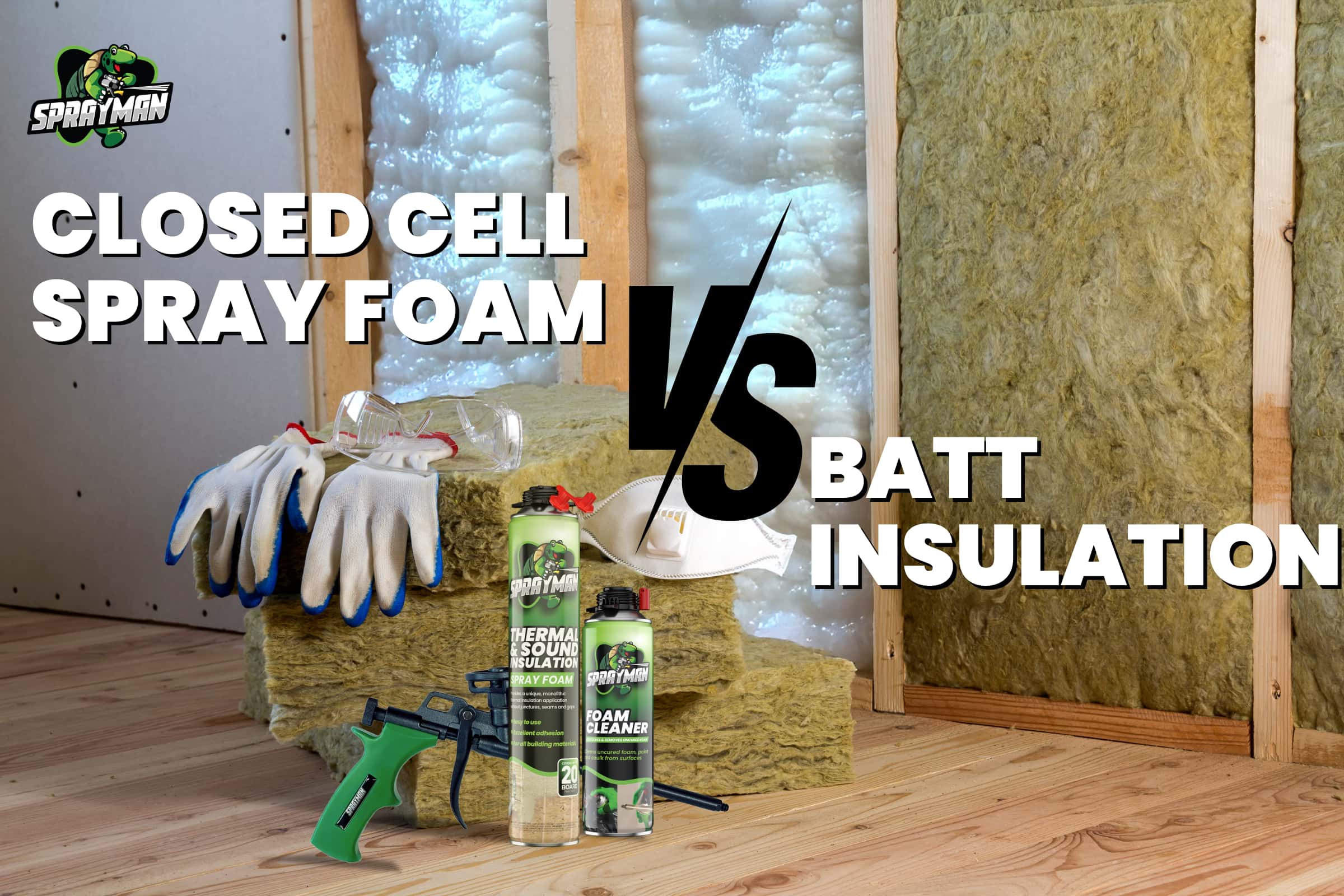 Closed-cell spray foam vs batt insulation comparison image.