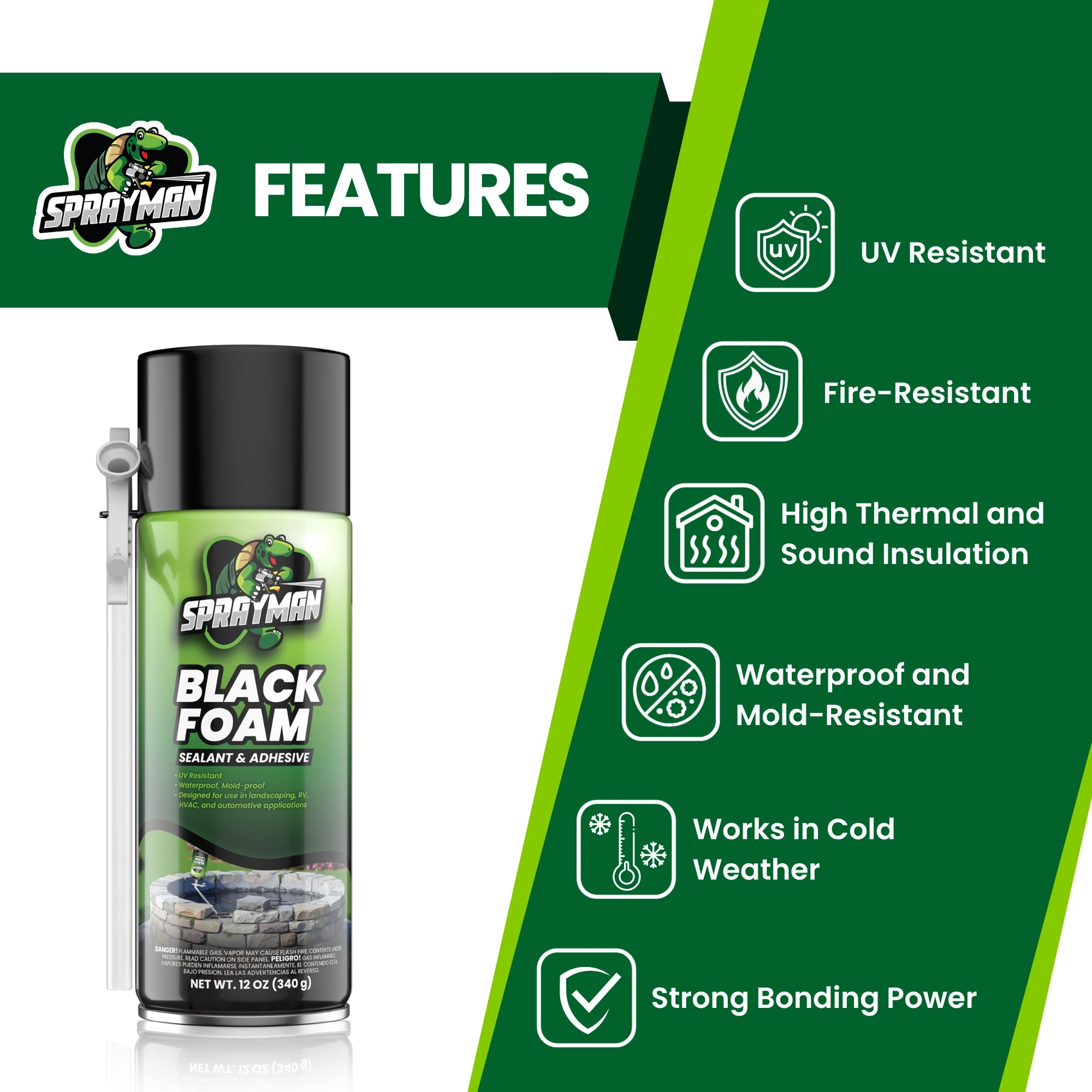 Black Foam Sealant, Expanding Foam for Pond, Waterfall, Landscaping, and RVs - 12 oz Straw