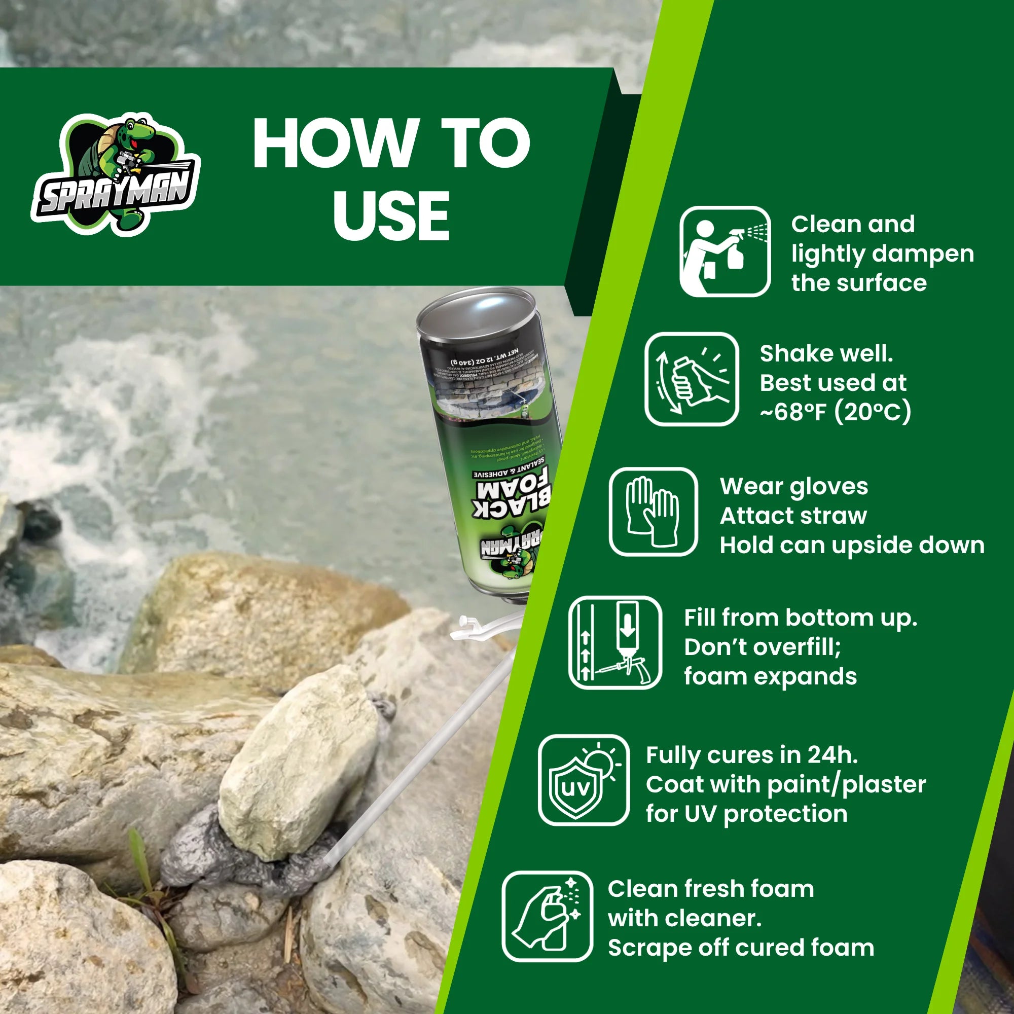 Black Foam Sealant, Expanding Foam for Pond, Waterfall, Landscaping, and RVs - 12 oz Straw