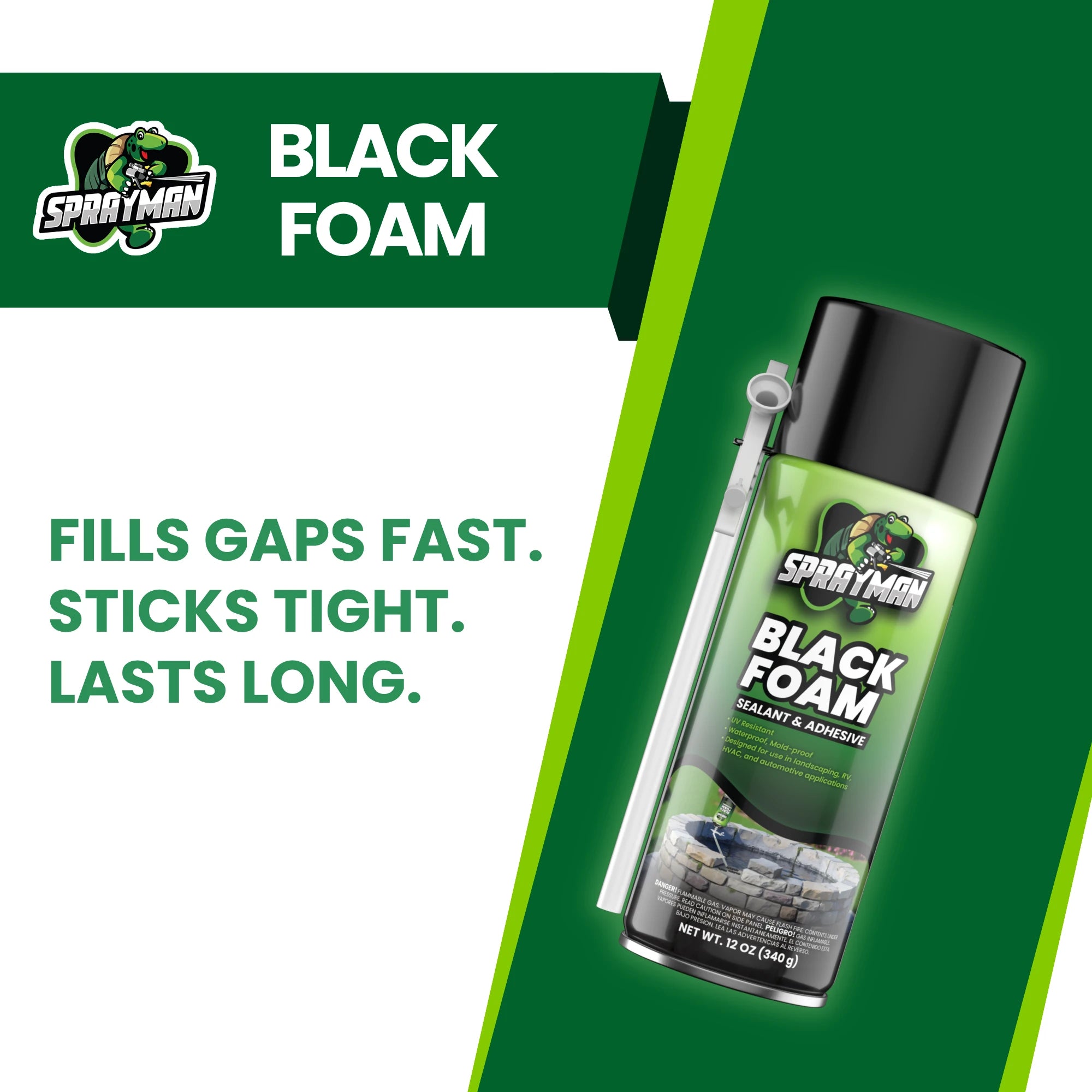 Black Foam Sealant, Expanding Foam for Pond, Waterfall, Landscaping, and RVs - 12 oz Straw