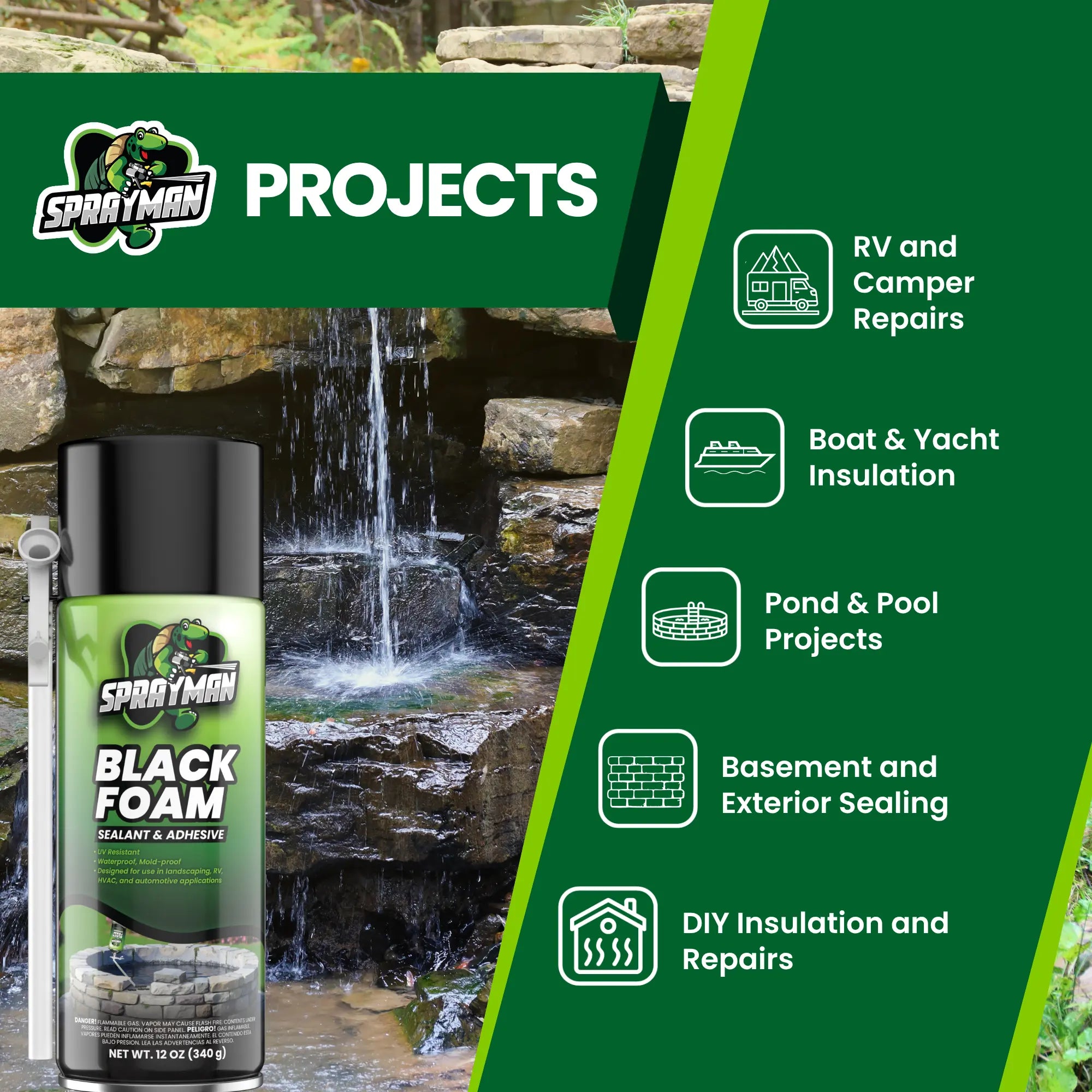 Black Foam Sealant, Expanding Foam for Pond, Waterfall, Landscaping, and RVs - 12 oz Straw