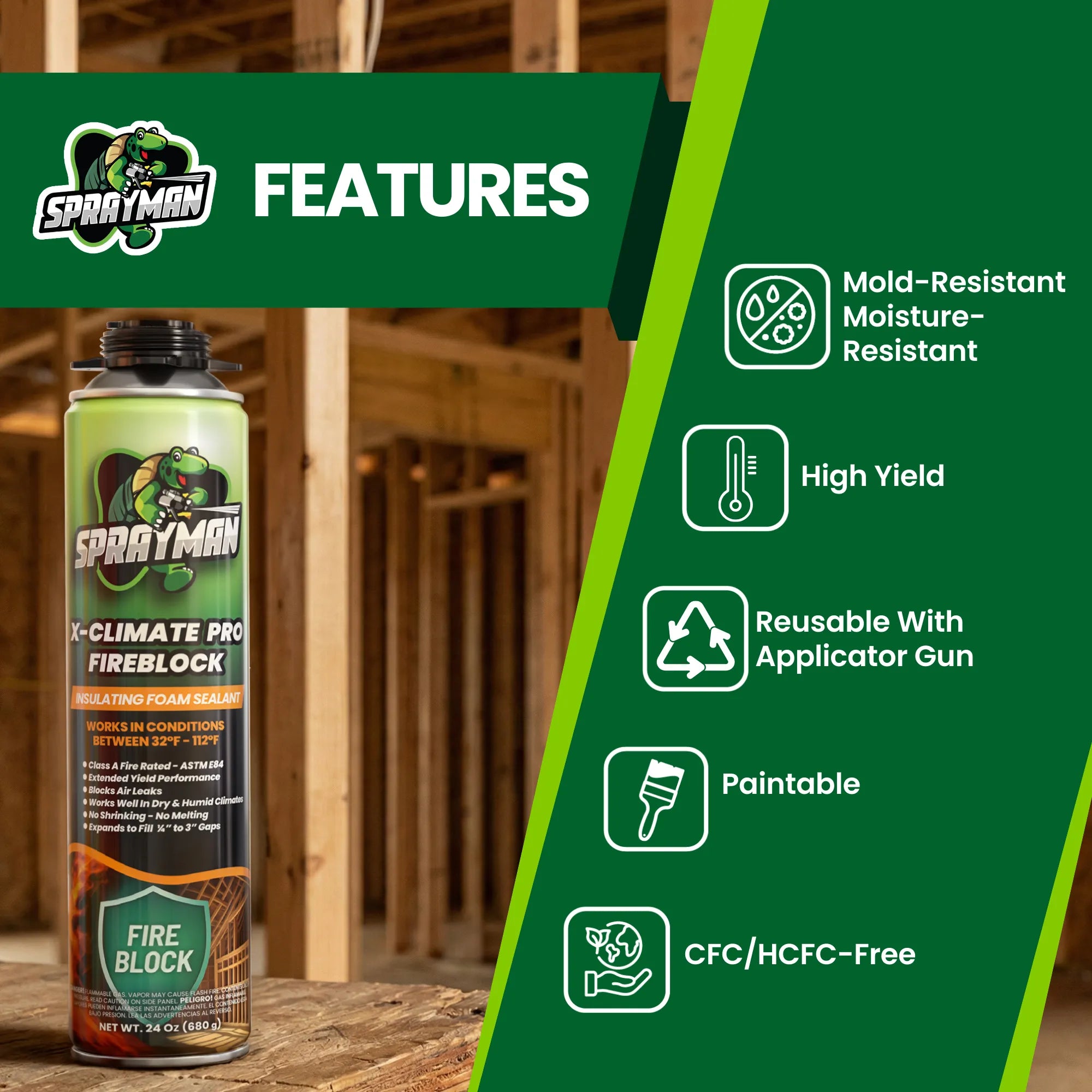 Sprayman fire block spray can with features listed on a green background