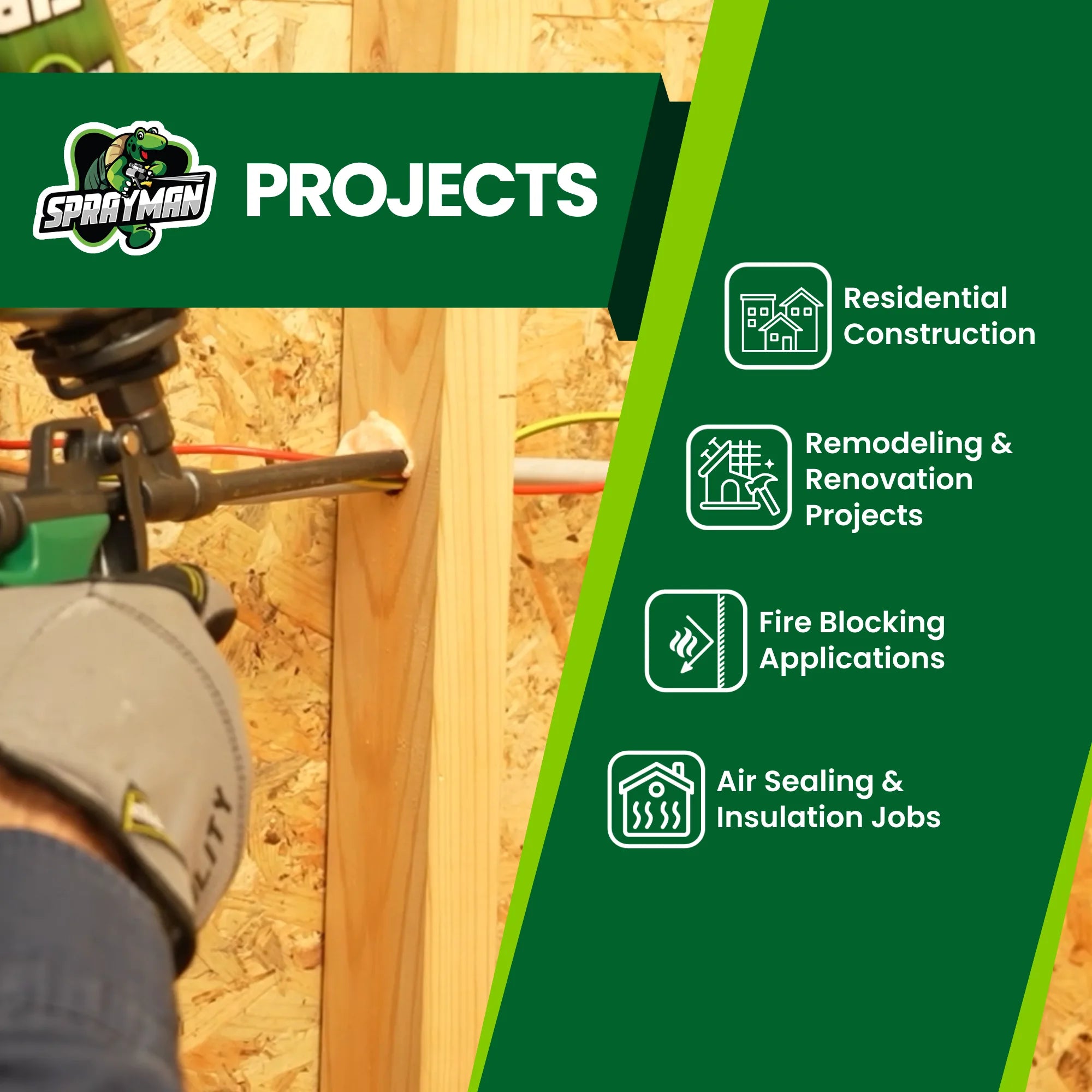 Spray foam insulation application with Sprayman xclimate fireblock and project types listed on a green background.