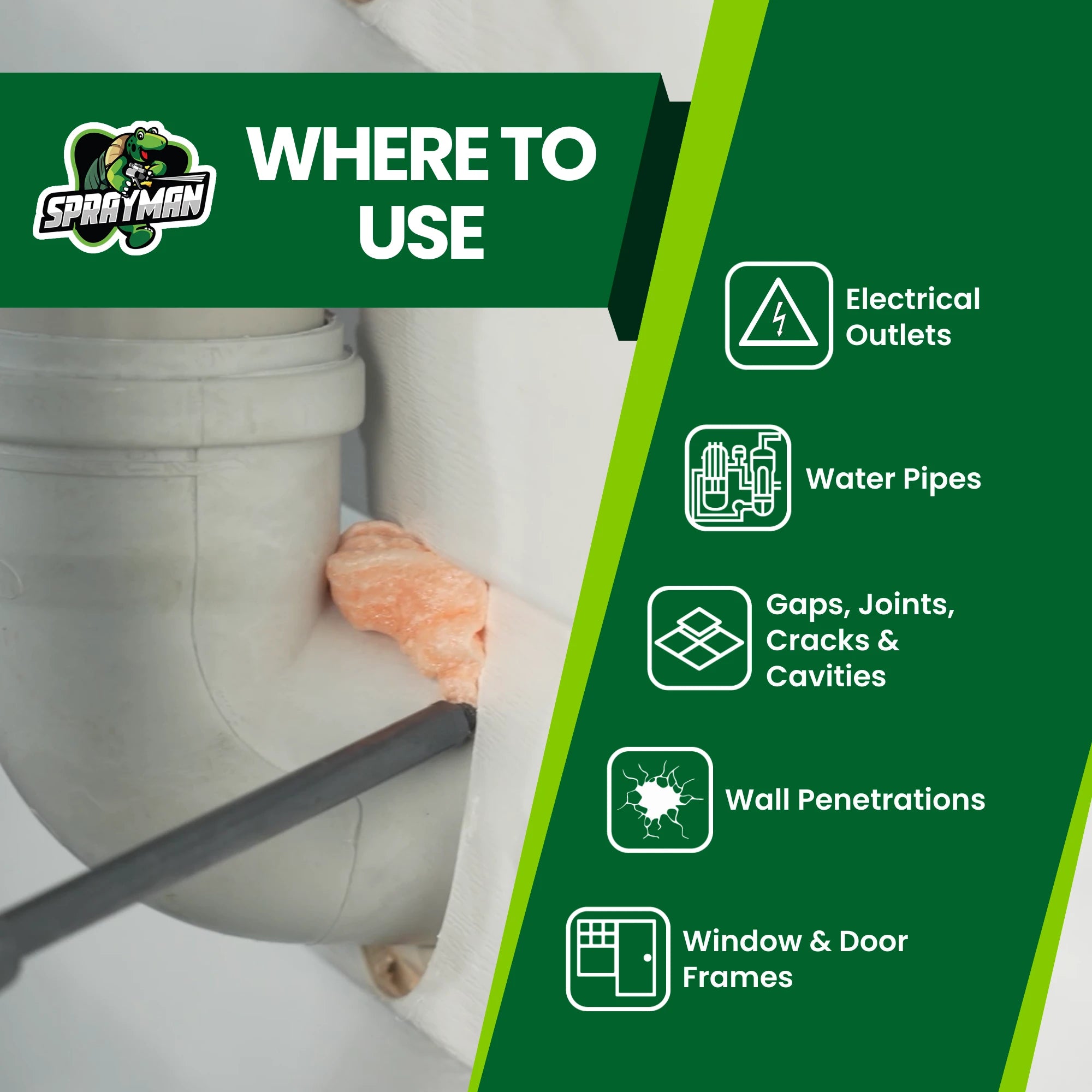 Sprayman product application guide with text and icons on a green background