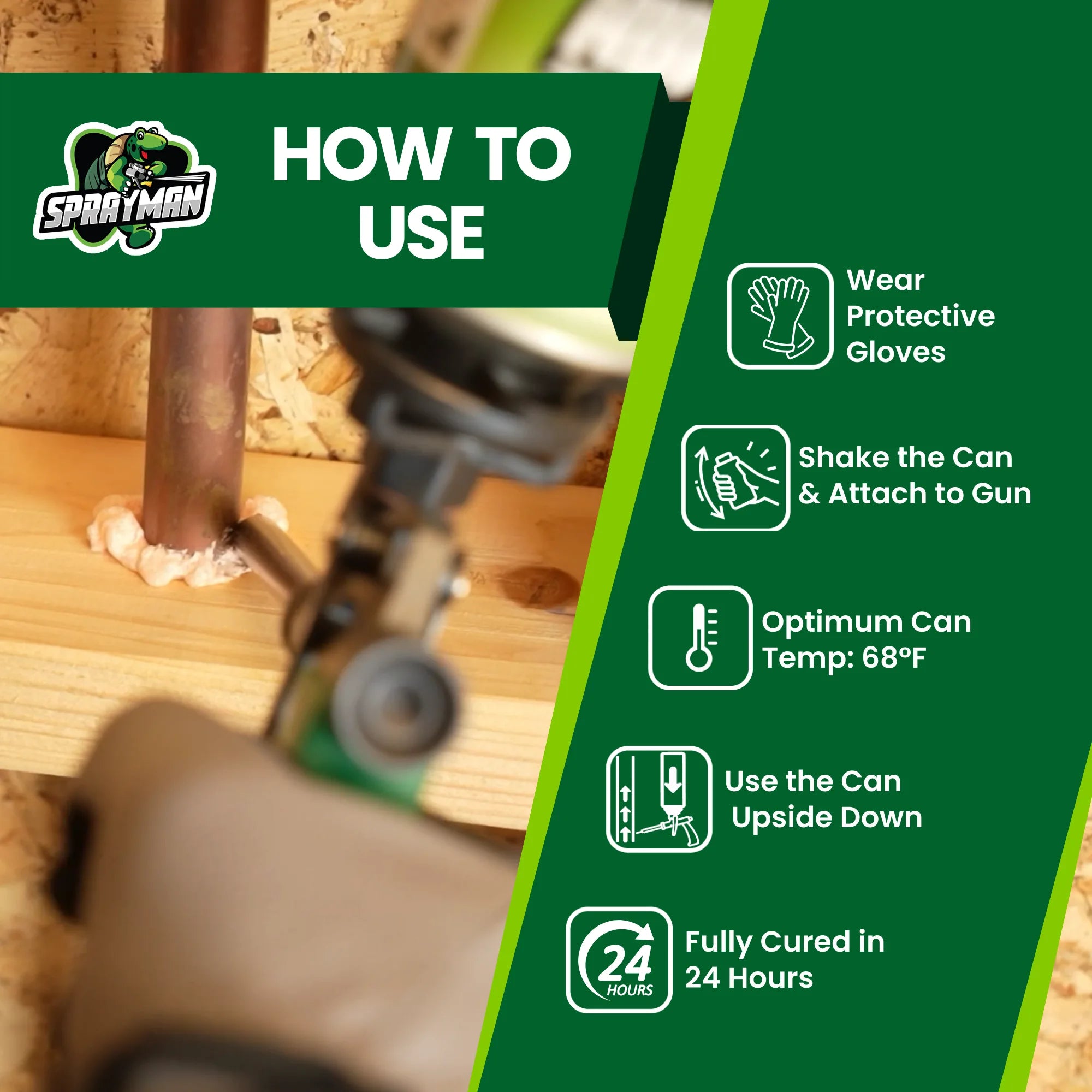Spray gun being used on wood with Sprayman branding and usage instructions.