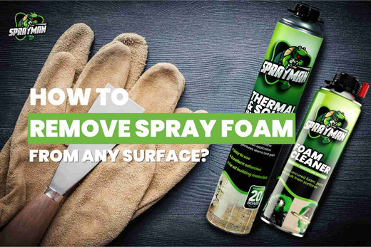 Tools for spray foam removal including gloves, putty knife, and foam cleaner on a wooden surface.