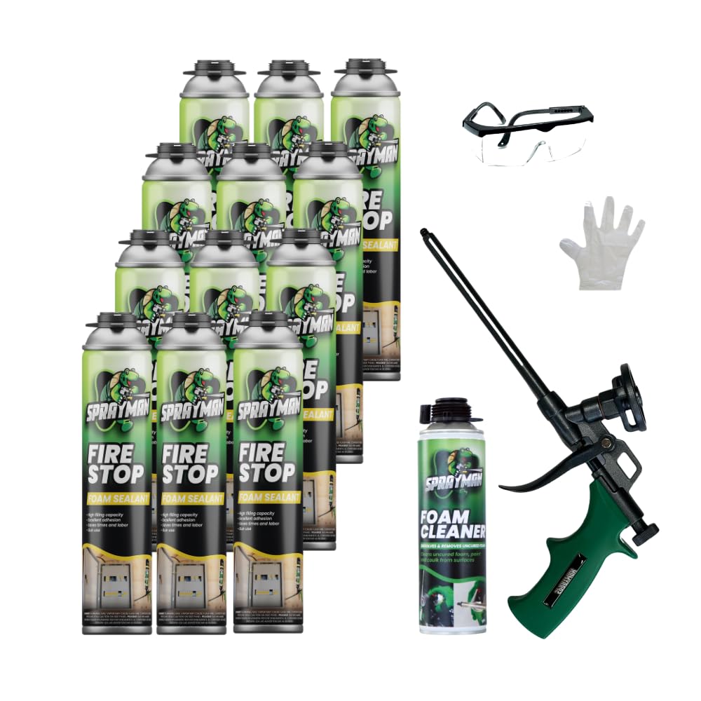 Sprayman Fire Stop Gun Foam Sealant 12 can+Foam Cleaner+Foam Gun+Eye Protection+Glove