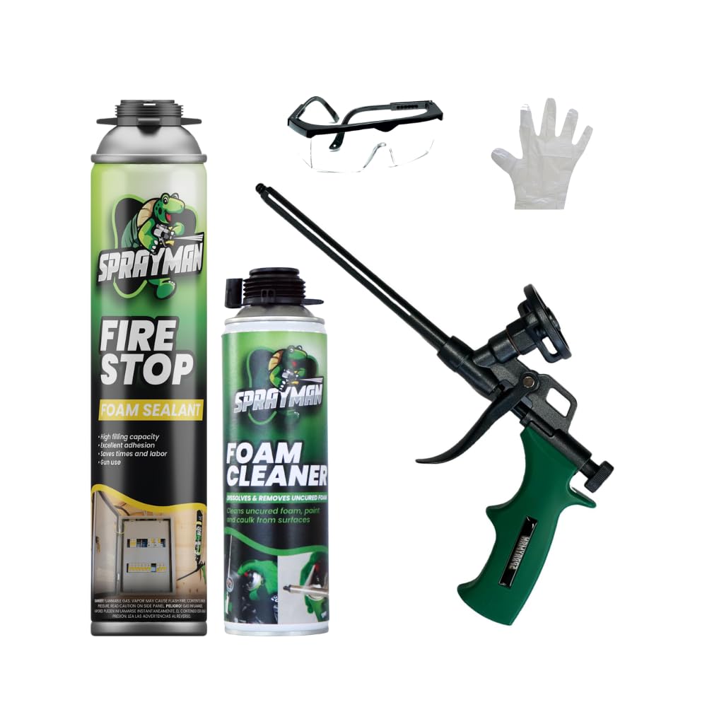 Sprayman Fire Stop Gun Foam Sealant 1 can+Foam Cleaner+Foam Gun+Eye Protection+Glove