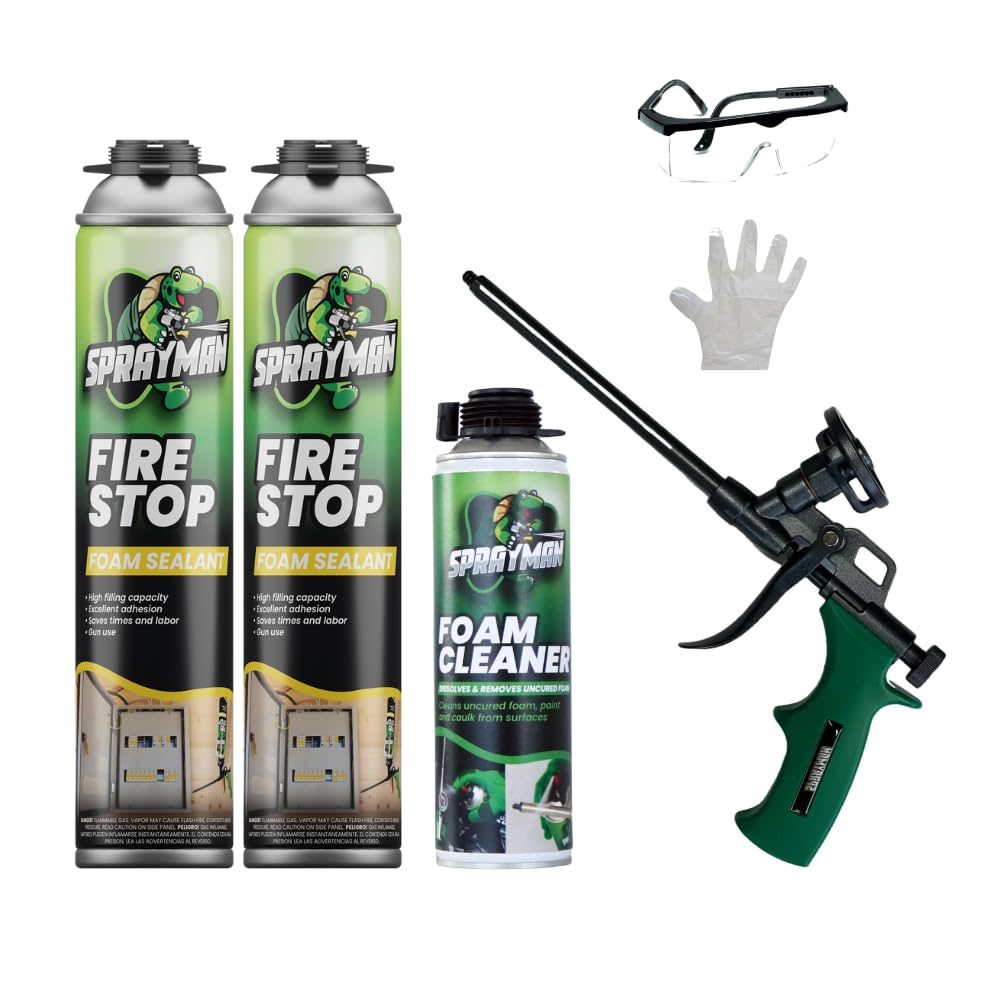 Sprayman Fire Stop Gun Foam Sealant 2 can+Foam Cleaner+Foam Gun+Eye Protection+Glove