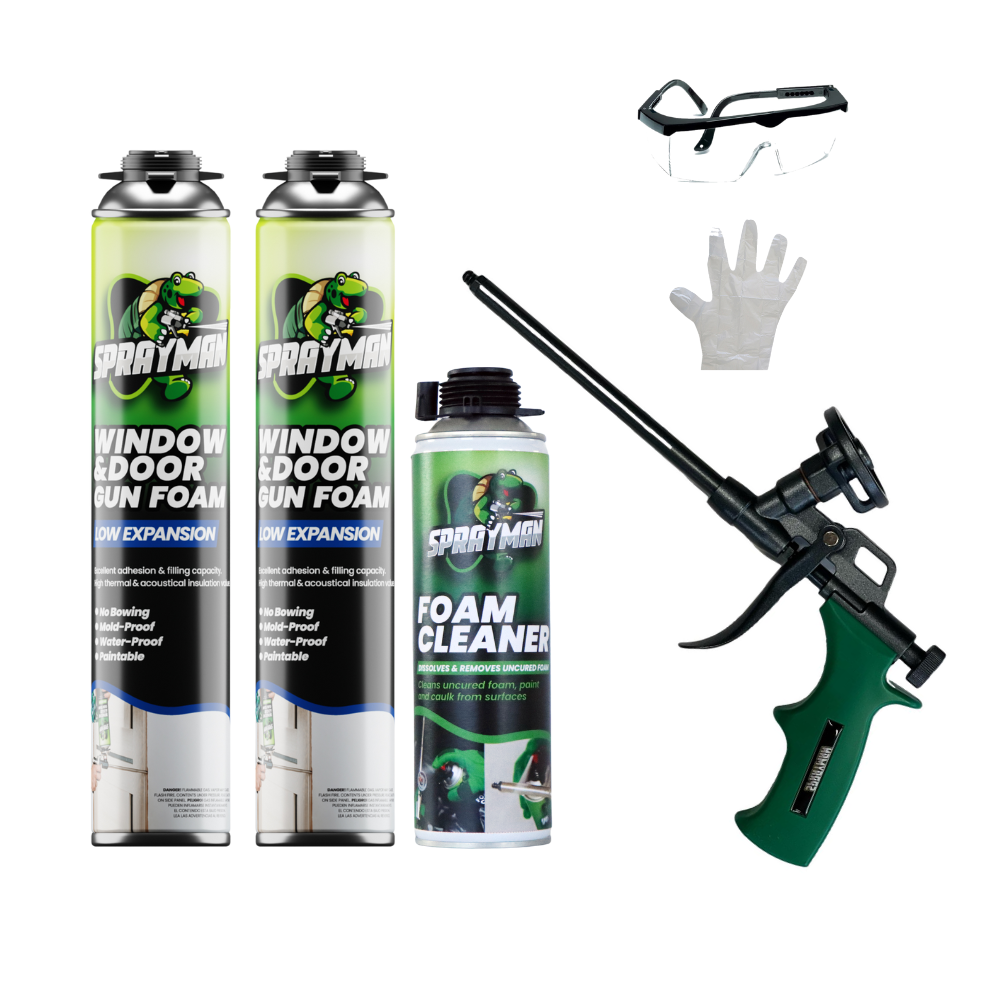 Sprayman Window & Door Low Expansion Spray Foam 2 can+Foam Cleaner+Foam Gun+Eye Protection+Glove