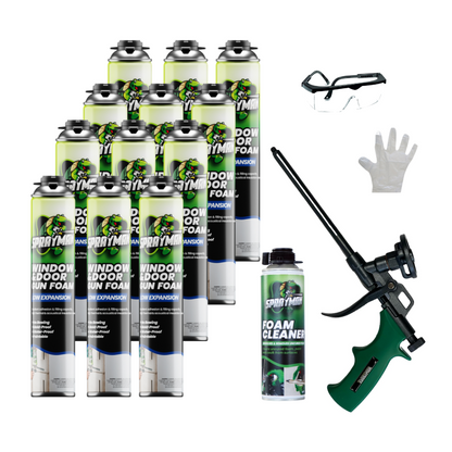 Sprayman Window & Door Low Expansion Spray Foam 12 can+Foam Cleaner+Foam Gun+Eye Protection+Glove