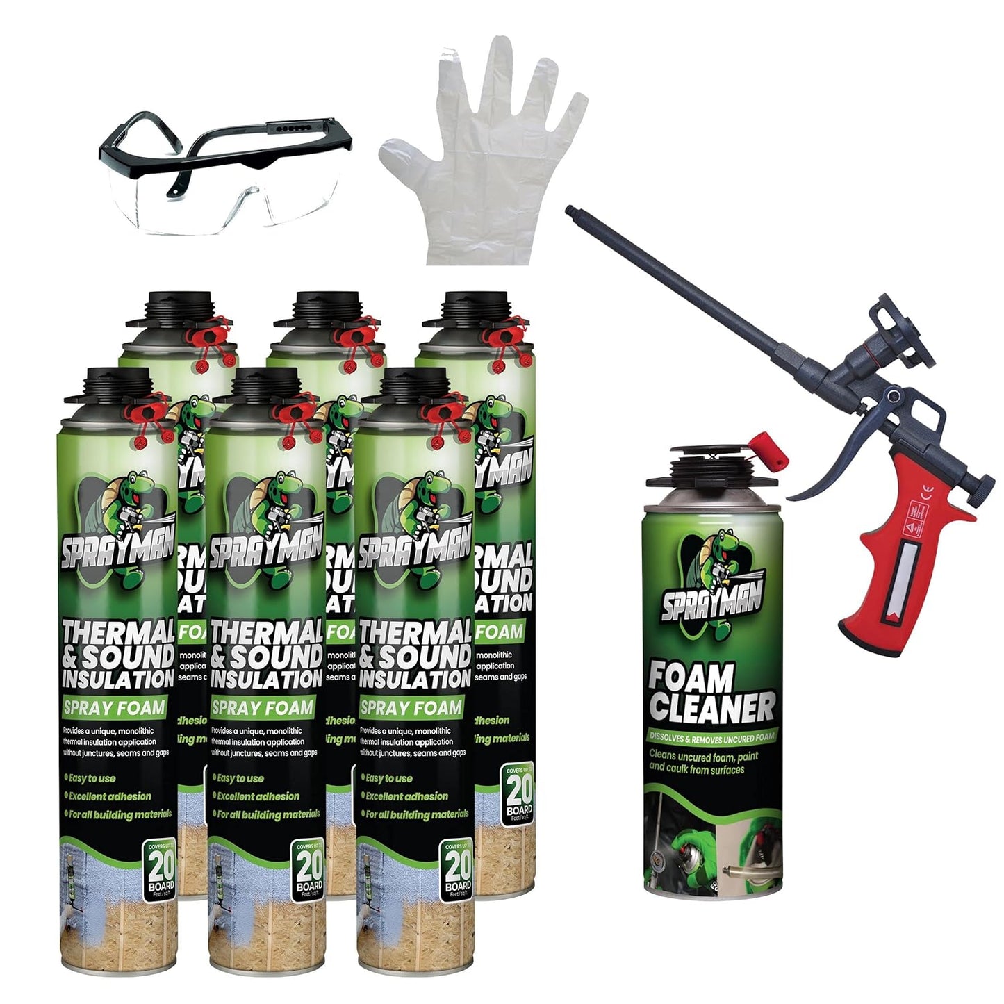 Sprayman Thermal & Sound Insulation Spray Foam 6 Can + Foam Cleaner + Foam Gun +Eye Protection + Glove