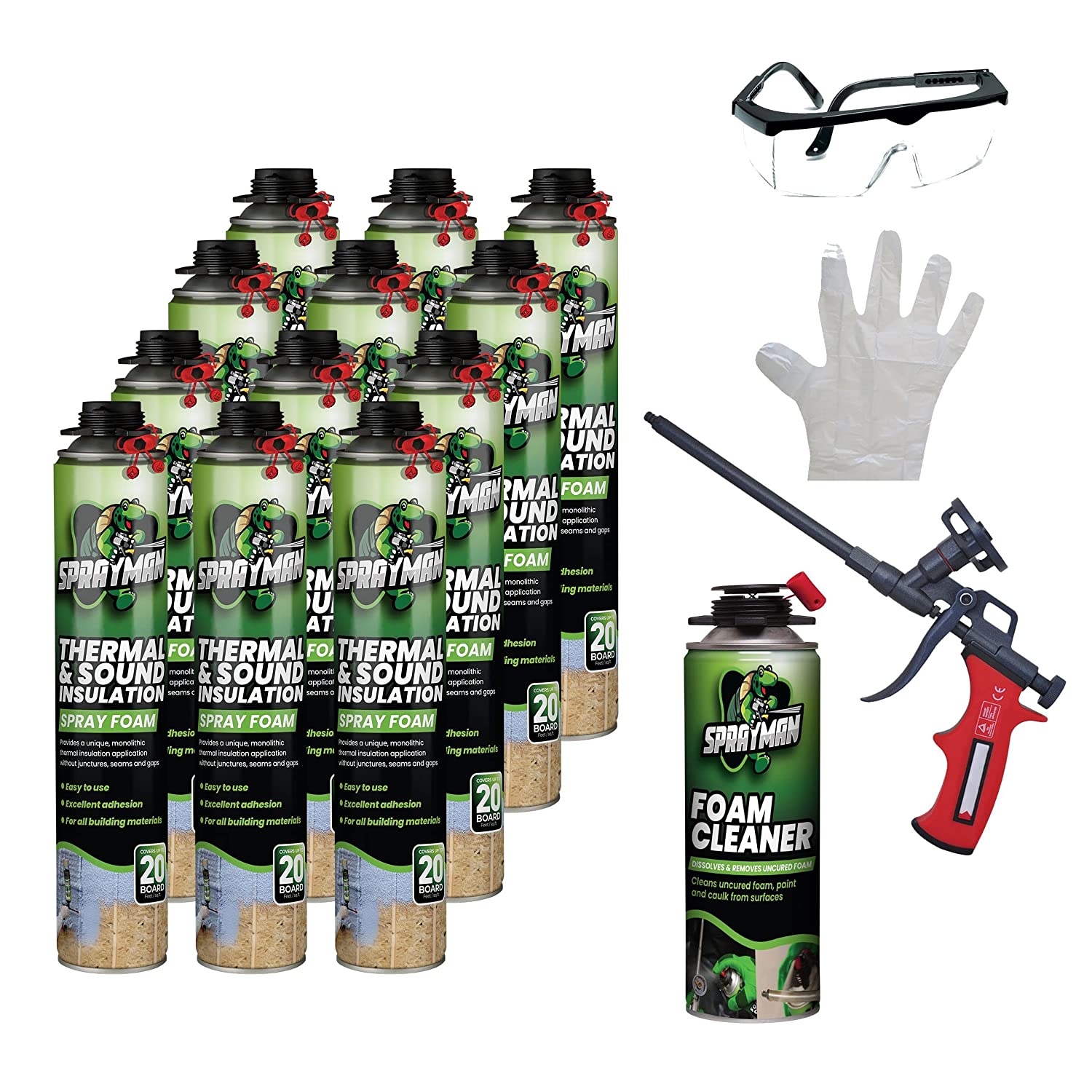 Sprayman Thermal & Sound Insulation Spray Foam 12 Can + Foam Cleaner + Foam Gun +Eye Protection + Glove