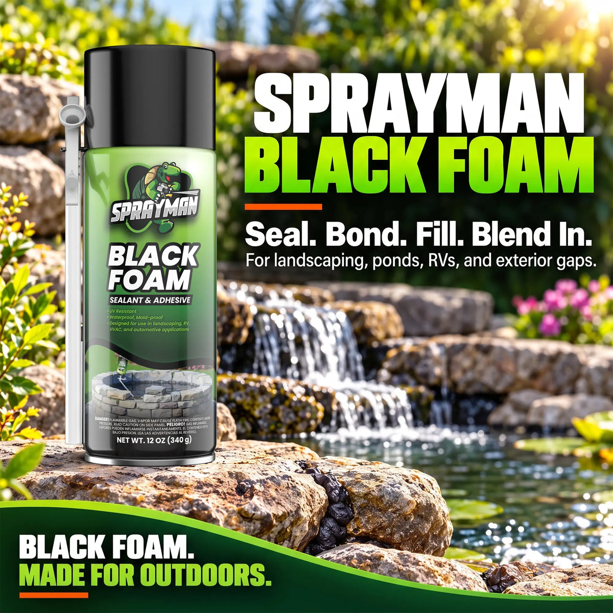 Black Foam Sealant, Expanding Foam for Pond, Waterfall, Landscaping, and RVs - 12 oz Straw