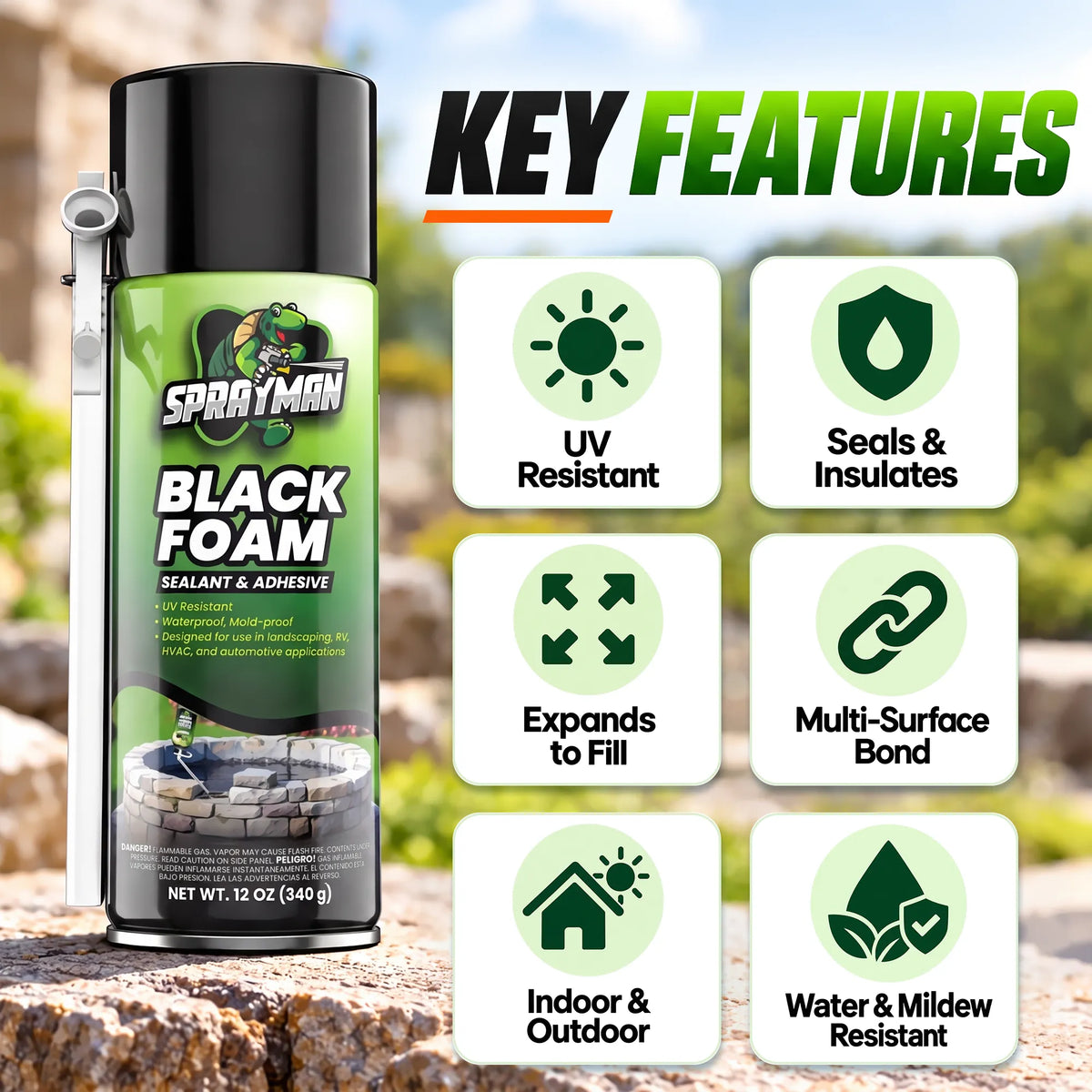Black Foam Sealant, Expanding Foam for Pond, Waterfall, Landscaping, and RVs - 12 oz Straw