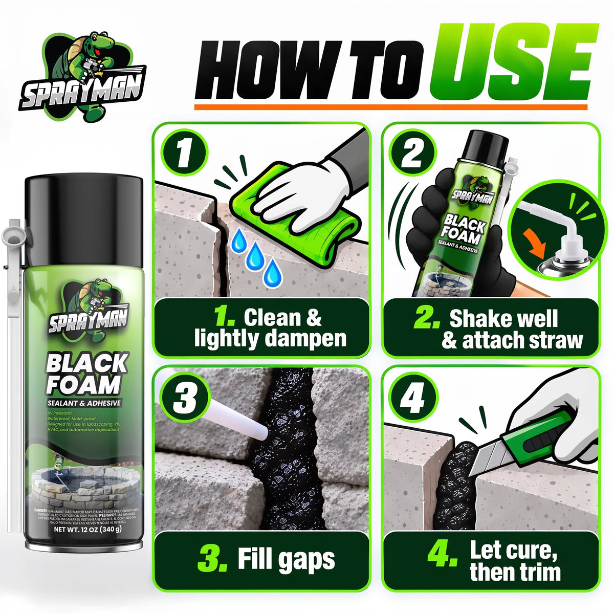 Black Foam Sealant, Expanding Foam for Pond, Waterfall, Landscaping, and RVs - 12 oz Straw