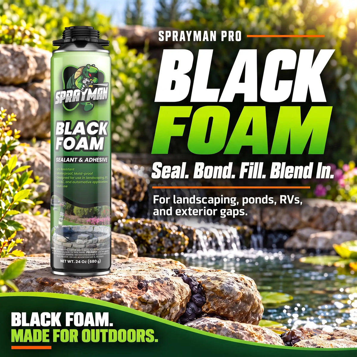 Pro Black Spray Foam for Pond, Waterfall, Landscaping, and RVs - Gun Foam, 24 oz
