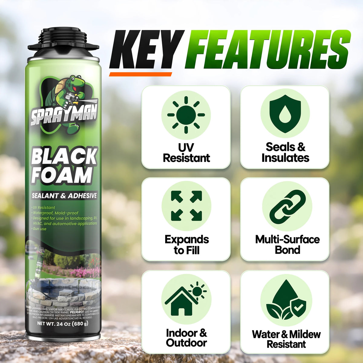 Pro Black Spray Foam for Pond, Waterfall, Landscaping, and RVs - Gun Foam, 24 oz