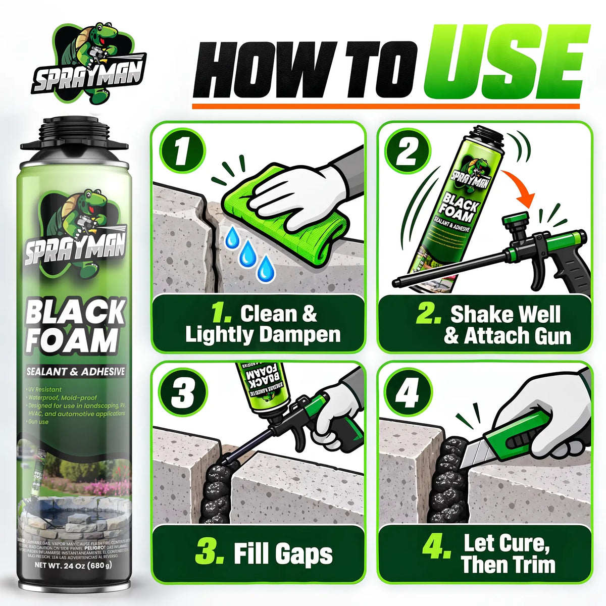 Pro Black Spray Foam for Pond, Waterfall, Landscaping, and RVs - Gun Foam, 24 oz