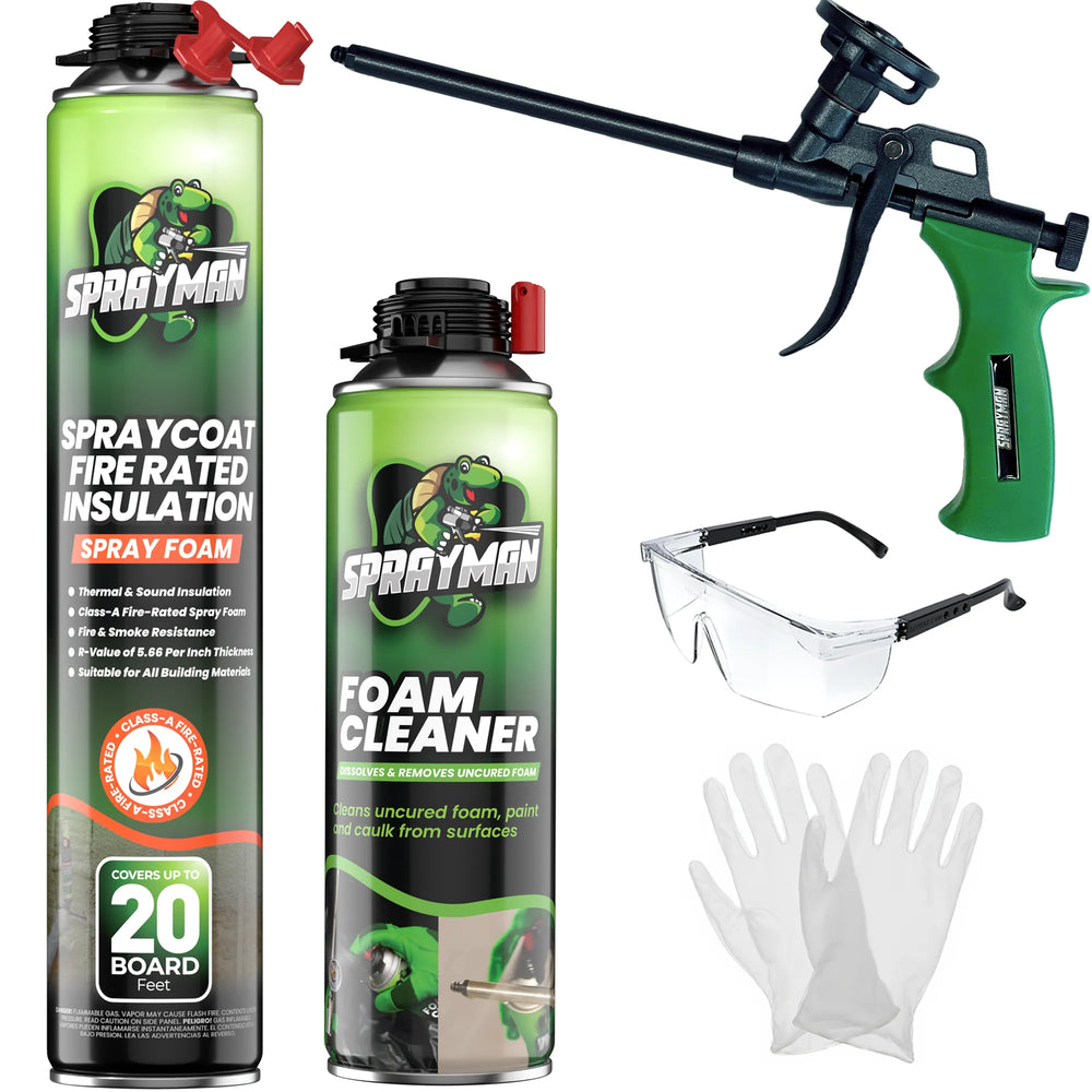 Sprayman thermal, sound, and fire-rated insulation spray foam kit with applicator accessories.