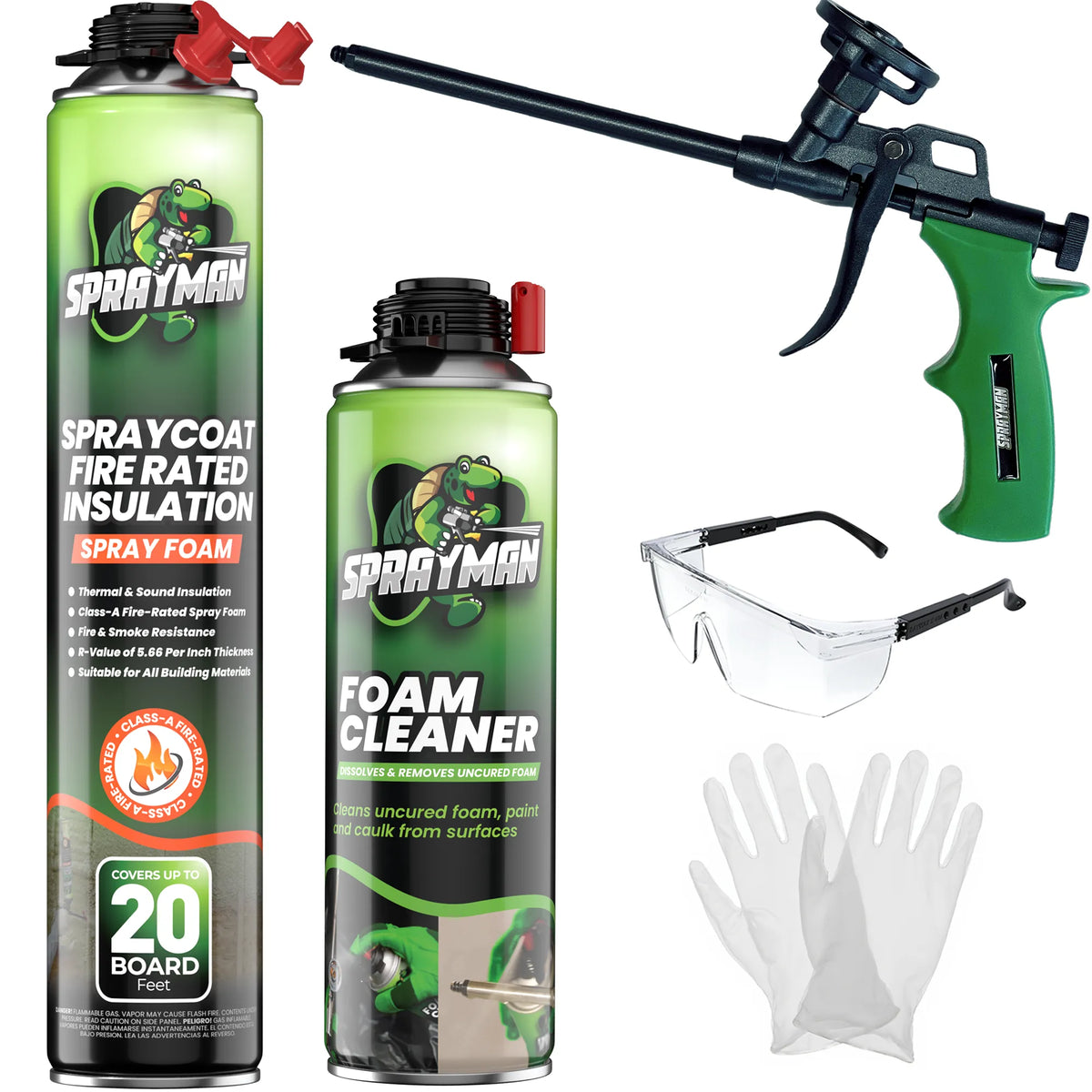 Photo of a Sprayman thermal and sound fire-rated insulation spray foam kit featuring two tall green aerosol cans labeled spray foam and foam cleaner, a black and green spray foam applicator gun, clear protective safety glasses, and a pair of white disposable gloves.