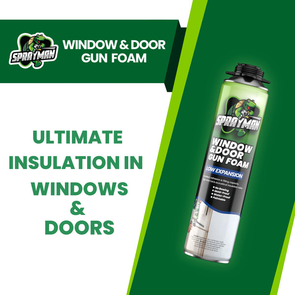 Sprayman window and door gun foam product graphic highlighting insulation, sealing, and gap-filling features.