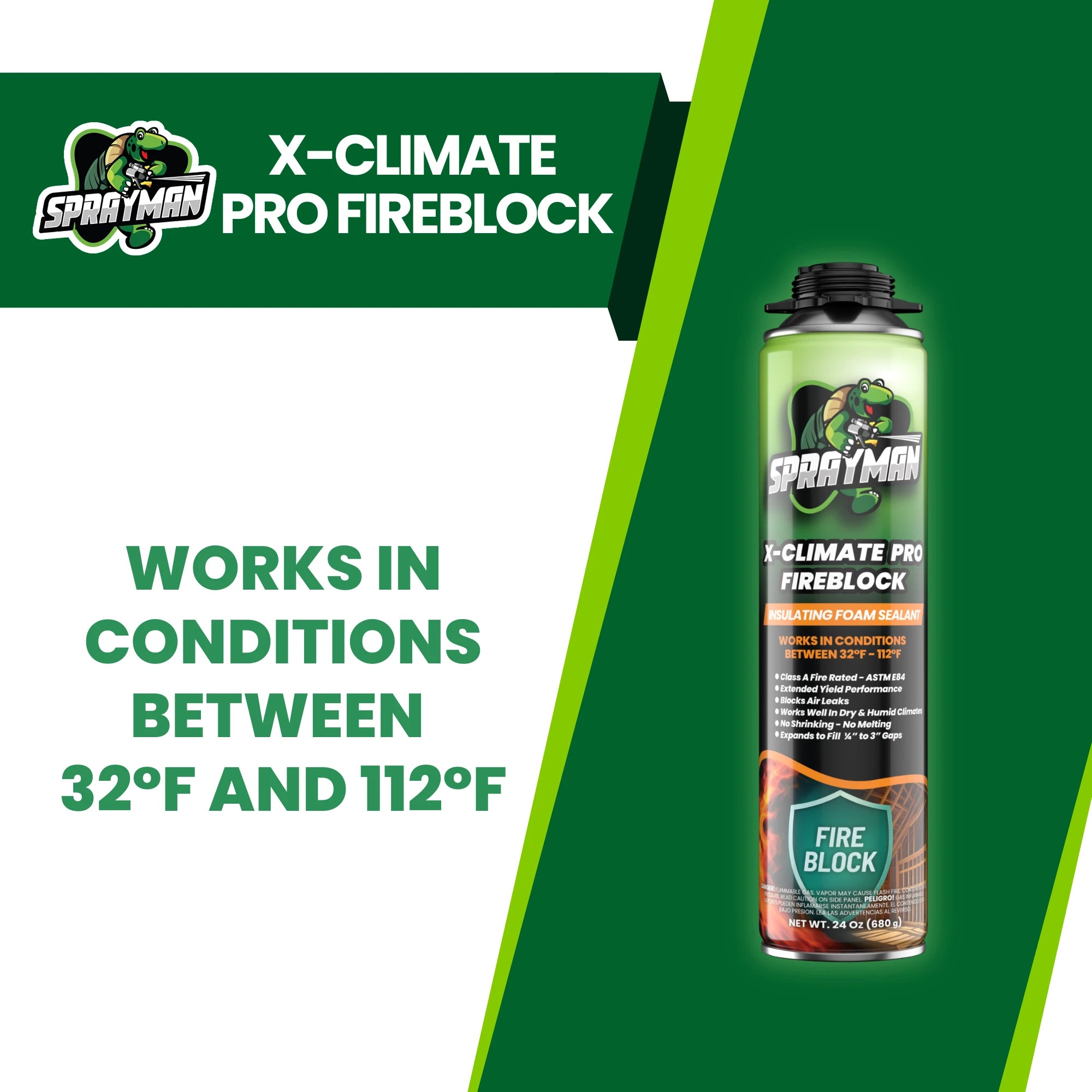 Sprayman X-Climate Pro Fireblock spray can with branding and product details on a green and white background.