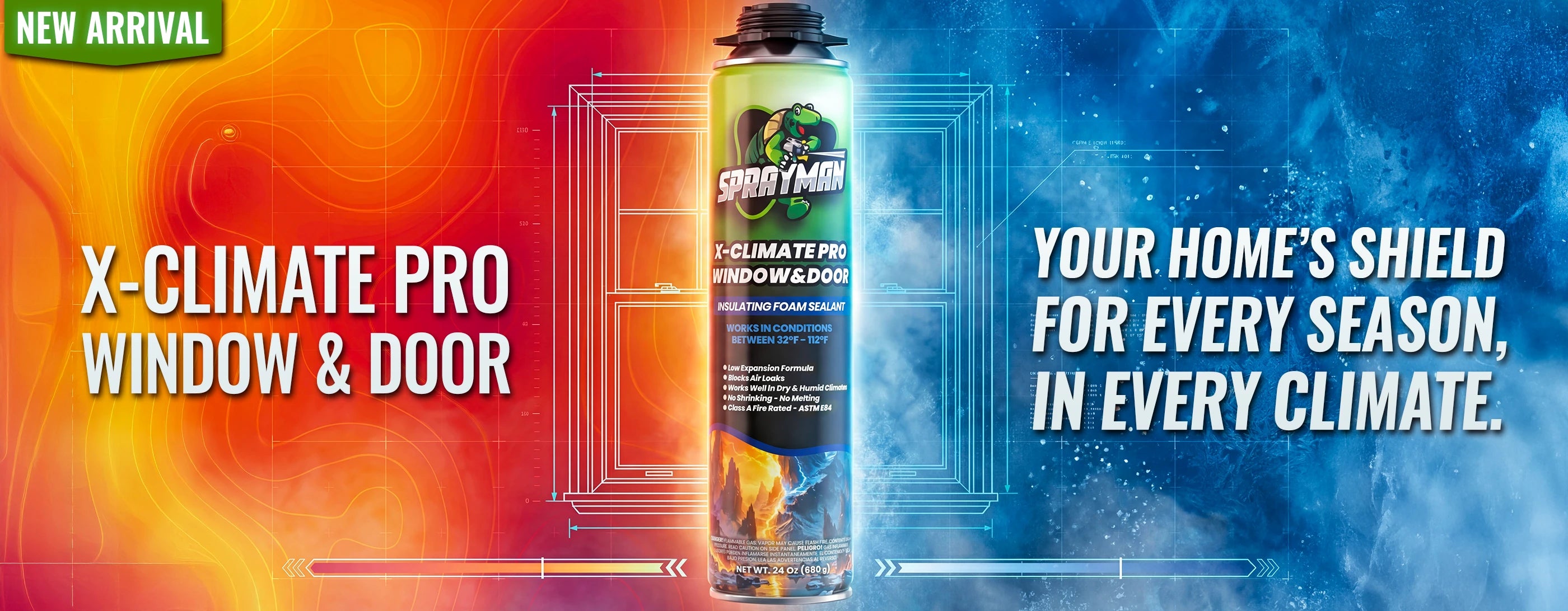 Spray can labeled 'X-Climate Pro Window & Door' with colorful abstract design