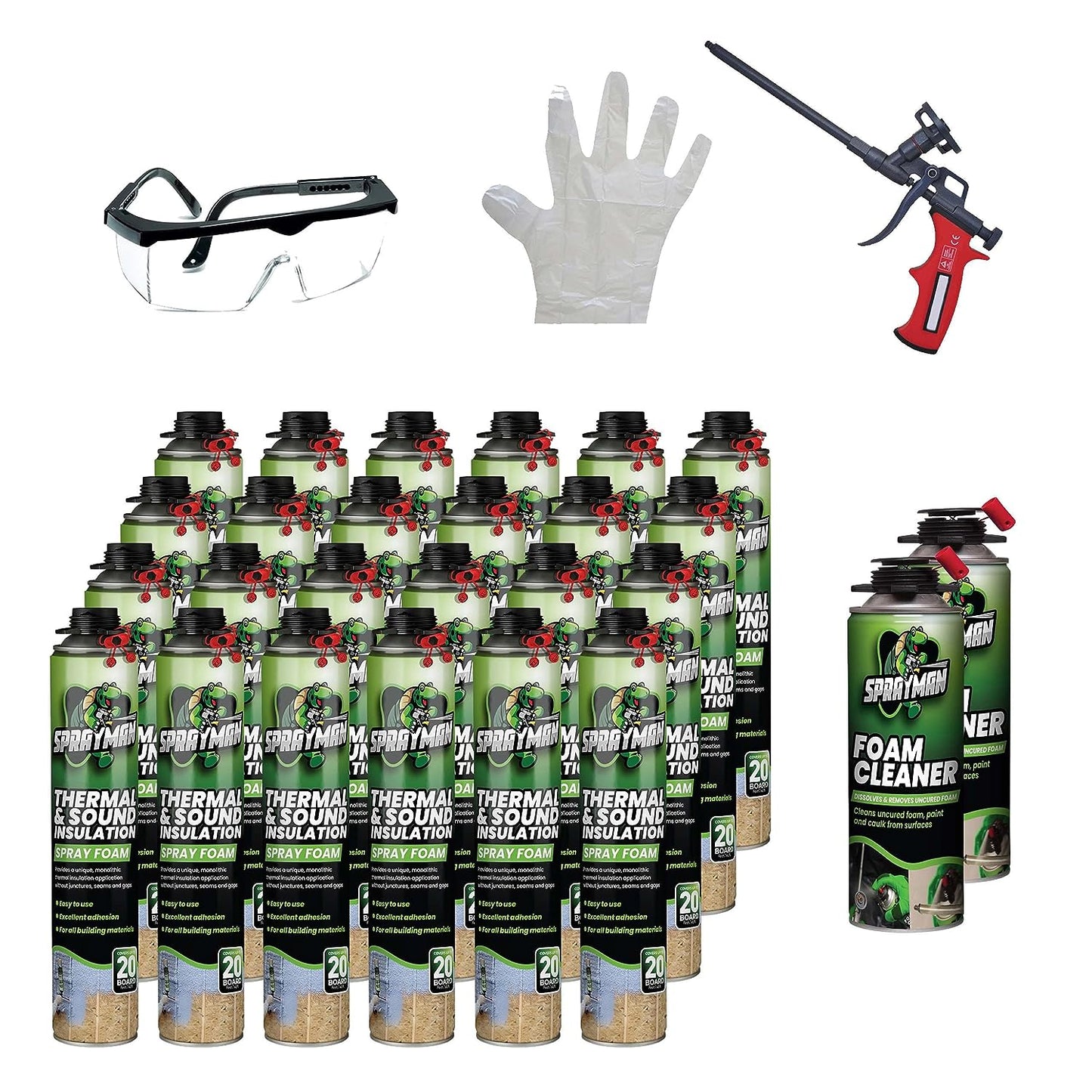 Sprayman Thermal & Sound Insulation Spray Foam 24 Can + 2 Foam Cleaner + Foam Gun +Eye Protection + Glove